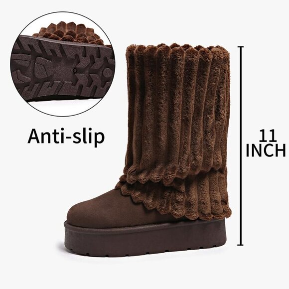 ✨Women's Brown Platform Fur Boots Fuzzy Fleece Lined Ankle Anti-Slip Booties - Picture 4 of 6